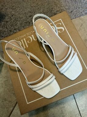 Unisa White Croc-Embossed Square-Toe Slingback Sandals